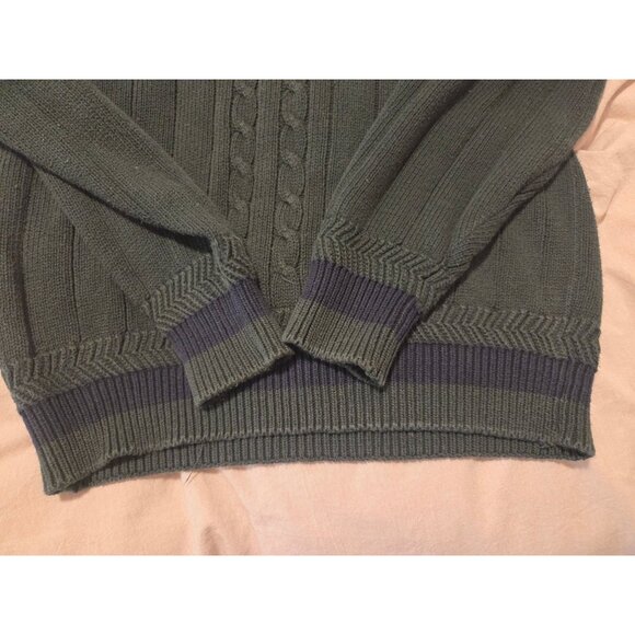 VTG Mens Sweater V-Neck Preppy Tennis Cricket Green Navy White Cable Knit - Picture 6 of 6